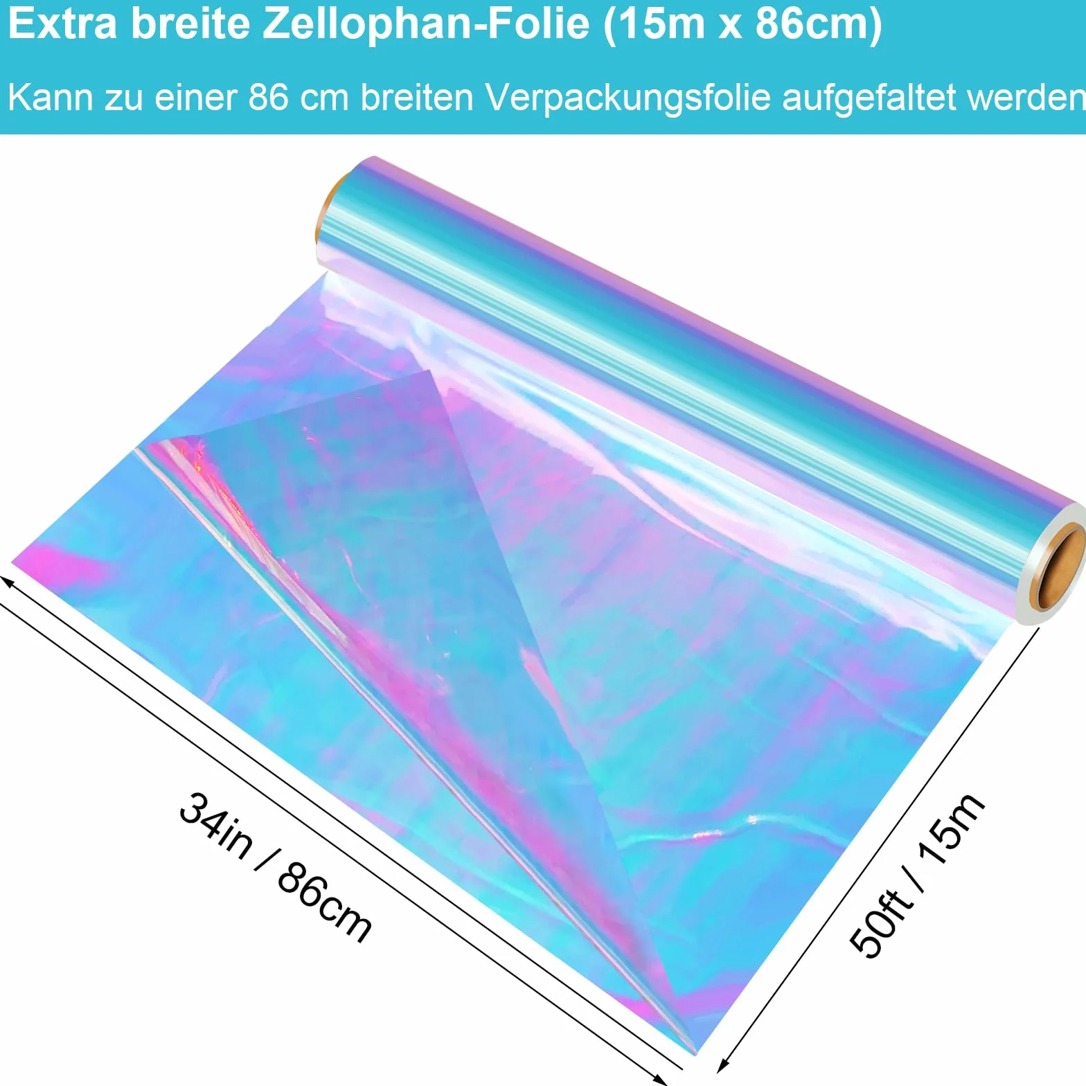 86CM x 15M Cellophanfolie Rolle, Irisierende Cellophan Transparent Geschenkfolie Regenbogen Zellophan Schillernd Verpackungsfolie Rolle Für Hochzeit, Blume, Geschenk Baskt, Leckereien, Weihnachten