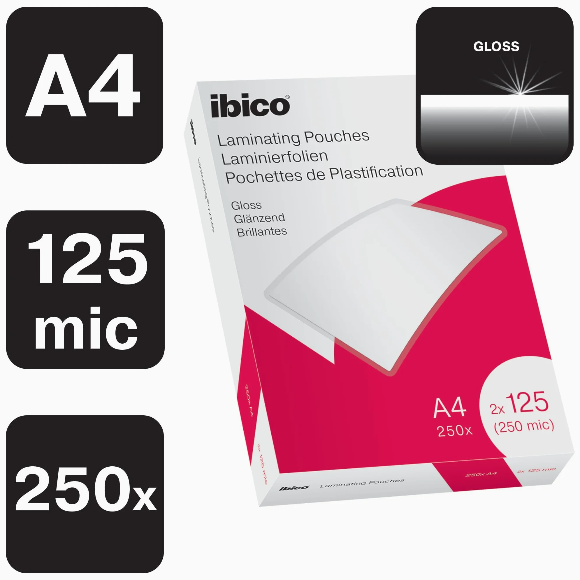 Ibico Laminierfolien A4 250 Mikron (2 x 125 mic), 100 Stück, Glänzende Heißlaminierfolien, Abgerundete Ecken, Ideal für Büro oder Schule, Transparent, Kristallklar, 627318