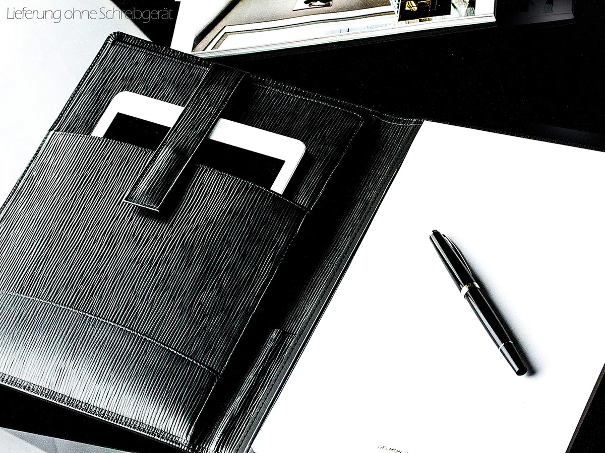 DELMON VARONE - Personalisierbare Tablet Schreibmappe DIN A4 aus Premium Manhattan Leder schwarz, Organizer Konferenzmappe mit Notizblock, Stifthalterung und Magnetlasche, Echtleder Geschäftsmappe