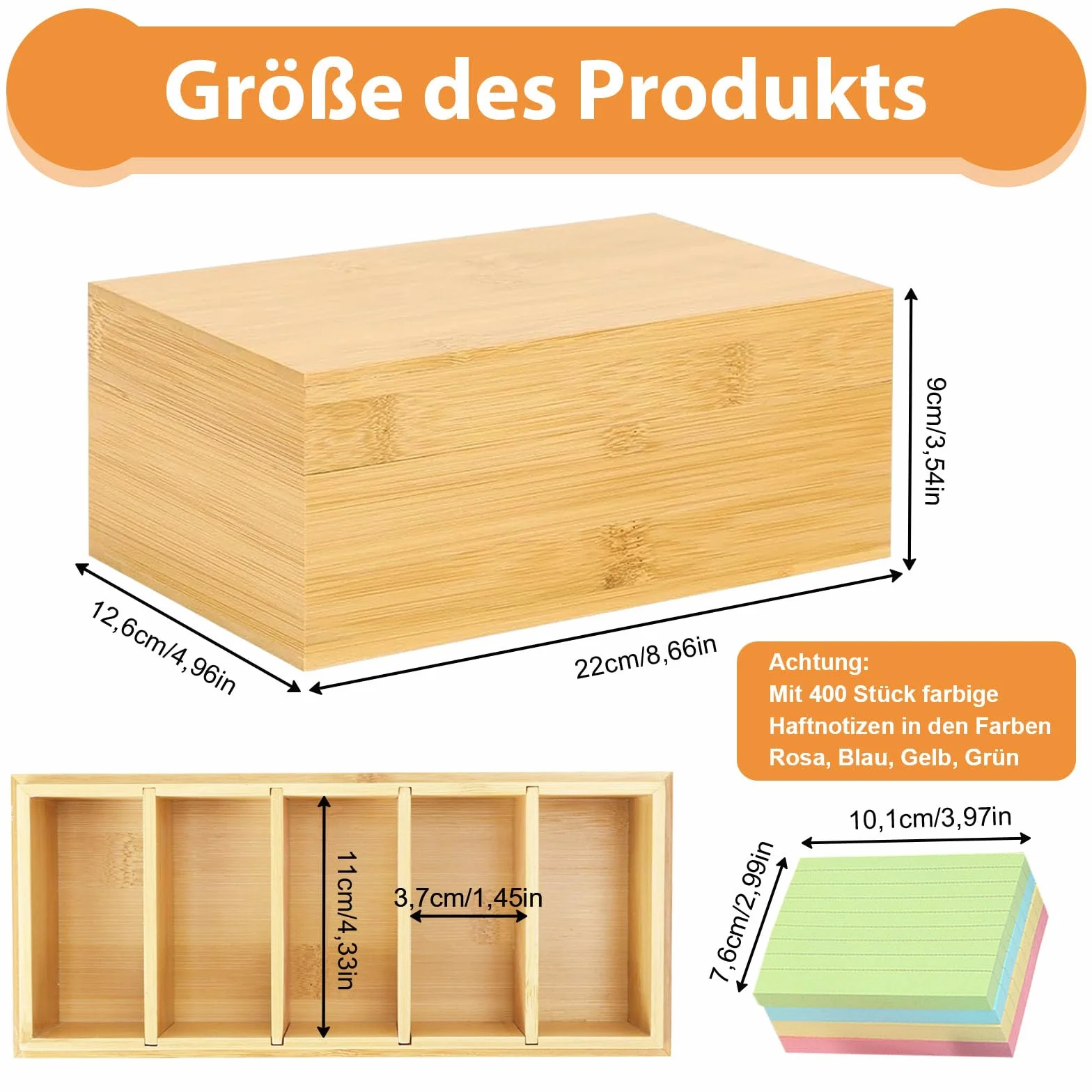 A7 Karteikarten Box Holz, 22x12,6x9cm Holzkarten Vokabelbox mit Deckel, Holzbox Card Storage Box mit 4 Herausnehmbar Trennwänden und 400 Stück Haftnotizen, Lernkarteibox Holz(Inklusive Index Cards)