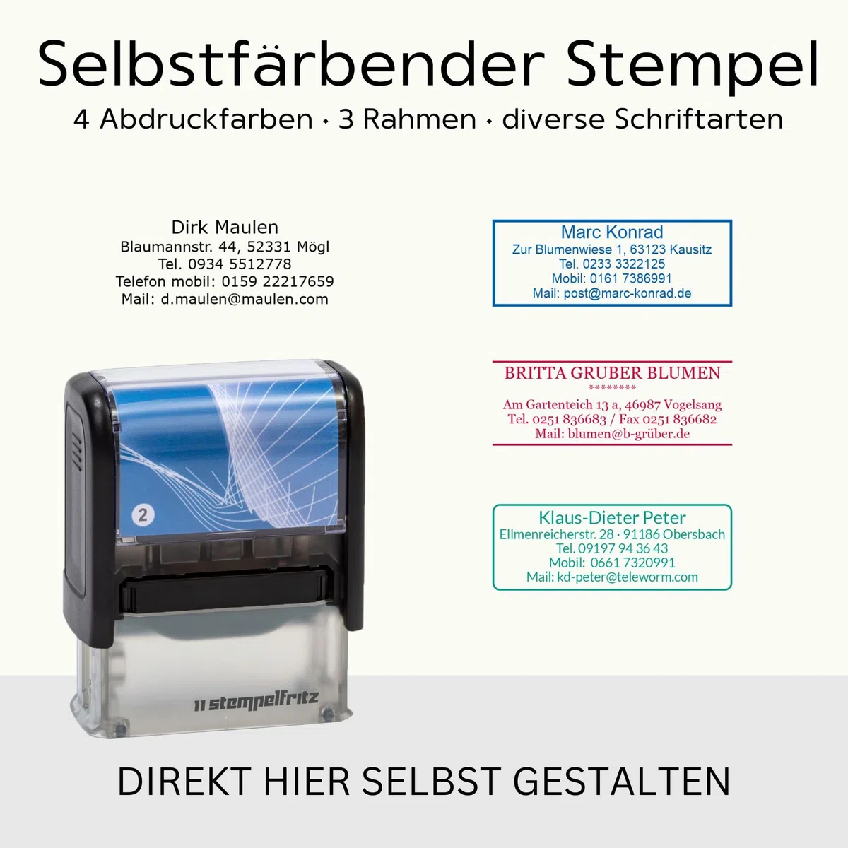 Selbstfärbender Stempel stempelfritz Gr.2 direkt hier Erstellen – personalisierter Firmenstempel, Adressstempel, Namensstempel oder Familienstempel – Gehäuse Schwarz-Blau, 47x18mm, max. 5 Zeilen