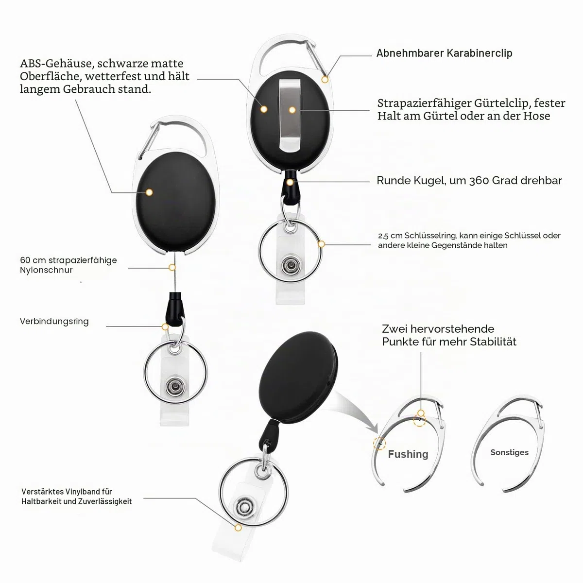Fushing 10 Pcs Ausweishalter Ausziehbar, Kartenhalter SchlüSselanhäNger,Ausweisjojo Badge Reel Karabiner mit Clip（Horizontal）