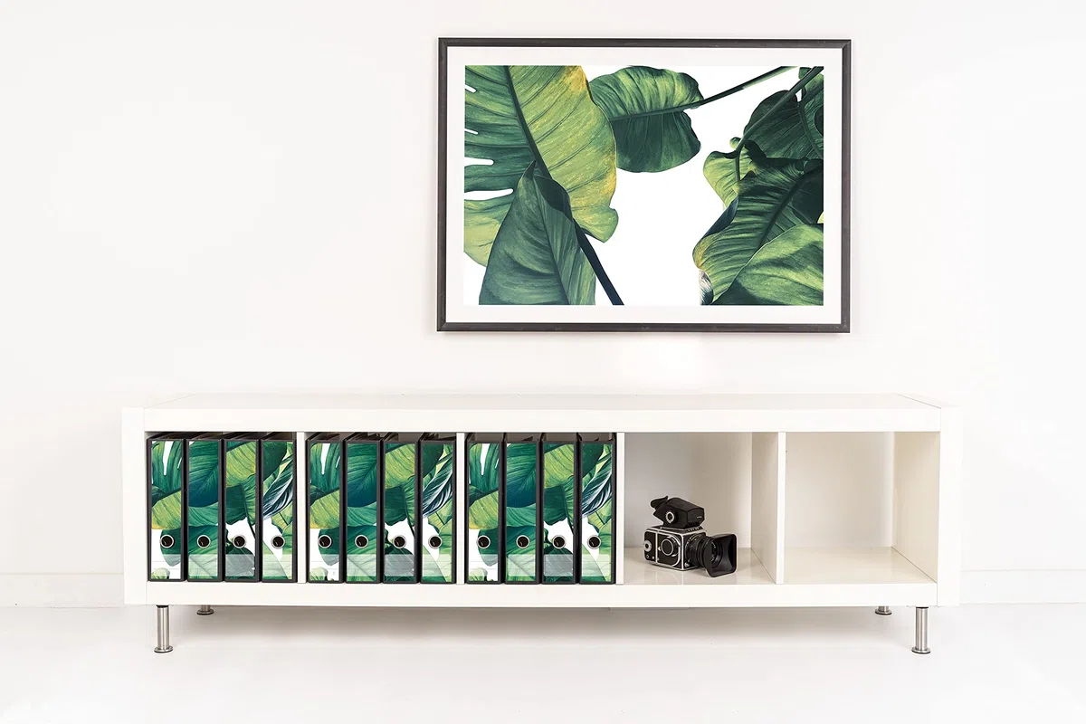 Ordnerrücken selbstklebend für 12 breite Ordner - Buchrücken Etiketten-Set gestantzt mit Griffloch - Rückenschild breit - Ordner-Aufkleber Rückenschilder im Wald Motiv: Florale grüne Blätter