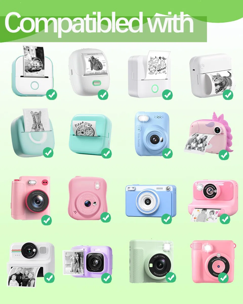 T02 Thermopapier Kinderkamera für Kinder Sofortbildkamera Kompatibel mit GREENKINDER/HiMont/Hangrui/Gofunly/ORGSTA S002/M02 Pro/M02X Mini Thermodrucker Klebend Etikettenpapier, Weiß, 10 Rollen