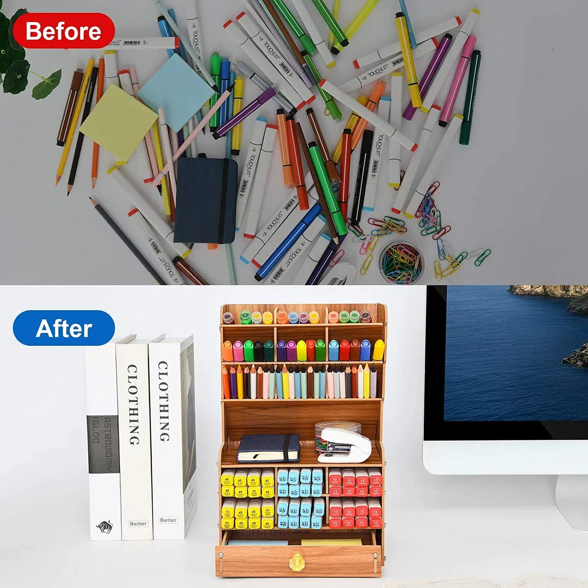 Mnkyer Hölzerner Schreibtischorganisator Multifunktionale Desktop Schreibwaren Stifthalterbox für das Home Office School Supply-Lagerregal mit Schublade (Kirsche-b16)