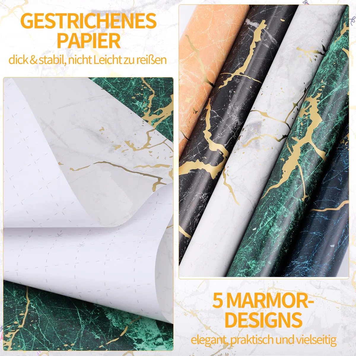 woric 5 Rollen Geschenkpapier Set, 43cm x 3m Geschenkpapier Geburtstag Marmor Geschenkpapierrolle mit Schleifenband Gold für Hochzeit Geburtstag