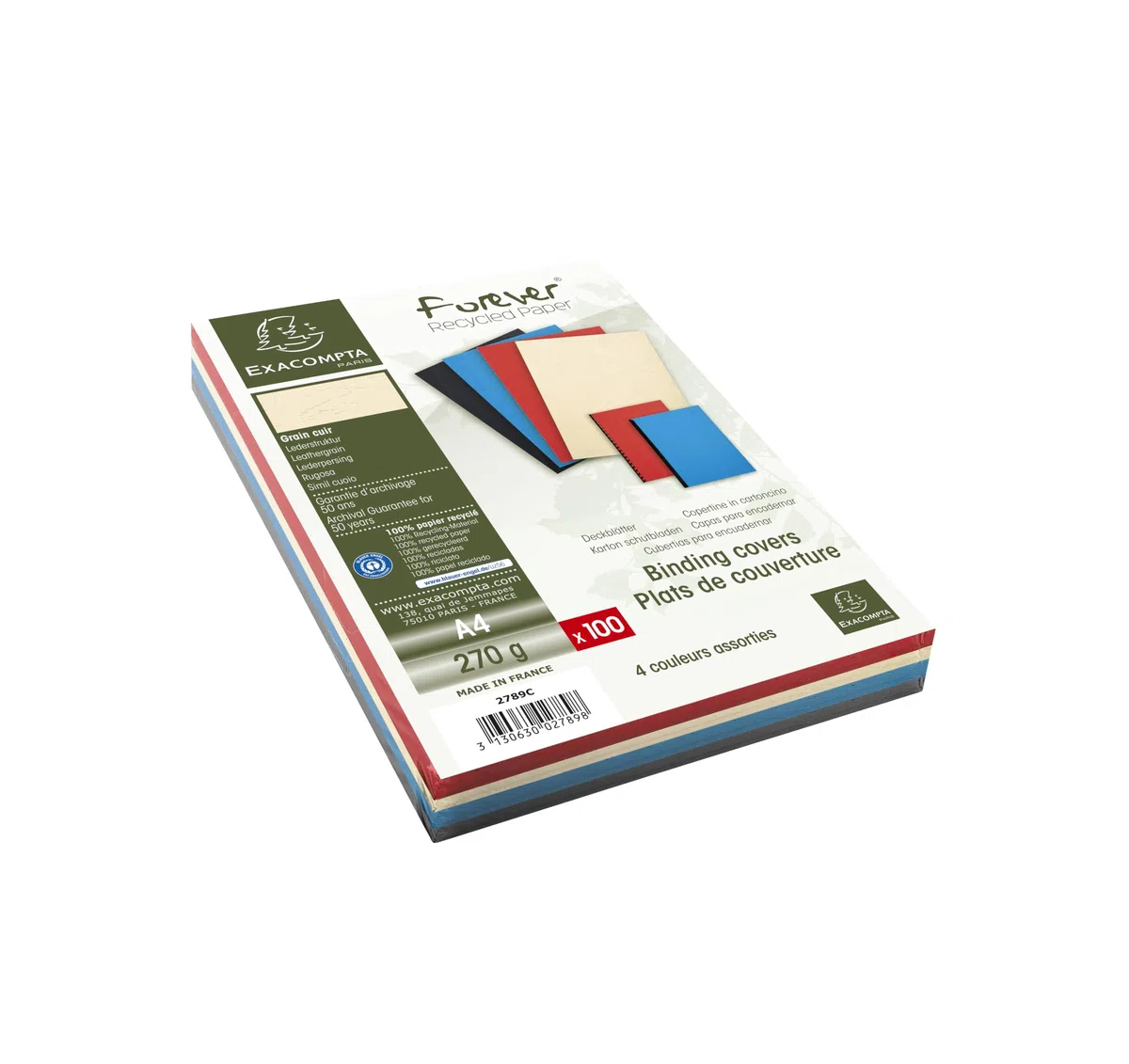 Exacompta 2789C 100er Pack Einbanddeckel DIN A4 für Bindesysteme Forever aus Recycling-Karton farbig sortiert. Geeignet zur Verwendung mit Serodo-Bindern, Kunststoffringen, Metallringen und mehr