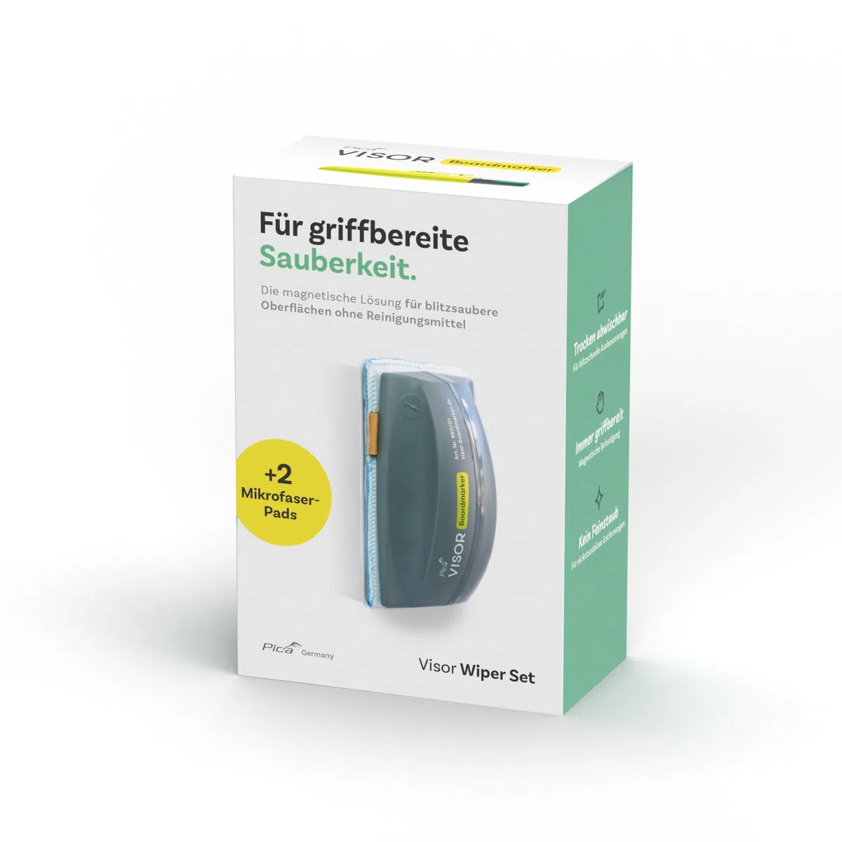 Pica Visor Magnetwischer I praktischer Magnetwischer im Set mit 2 passenden Mikrofaser-Pads I Ideal für die rückstandslose Entfernung von Boardmarkern I für Whiteboards, Schultafeln & Glas