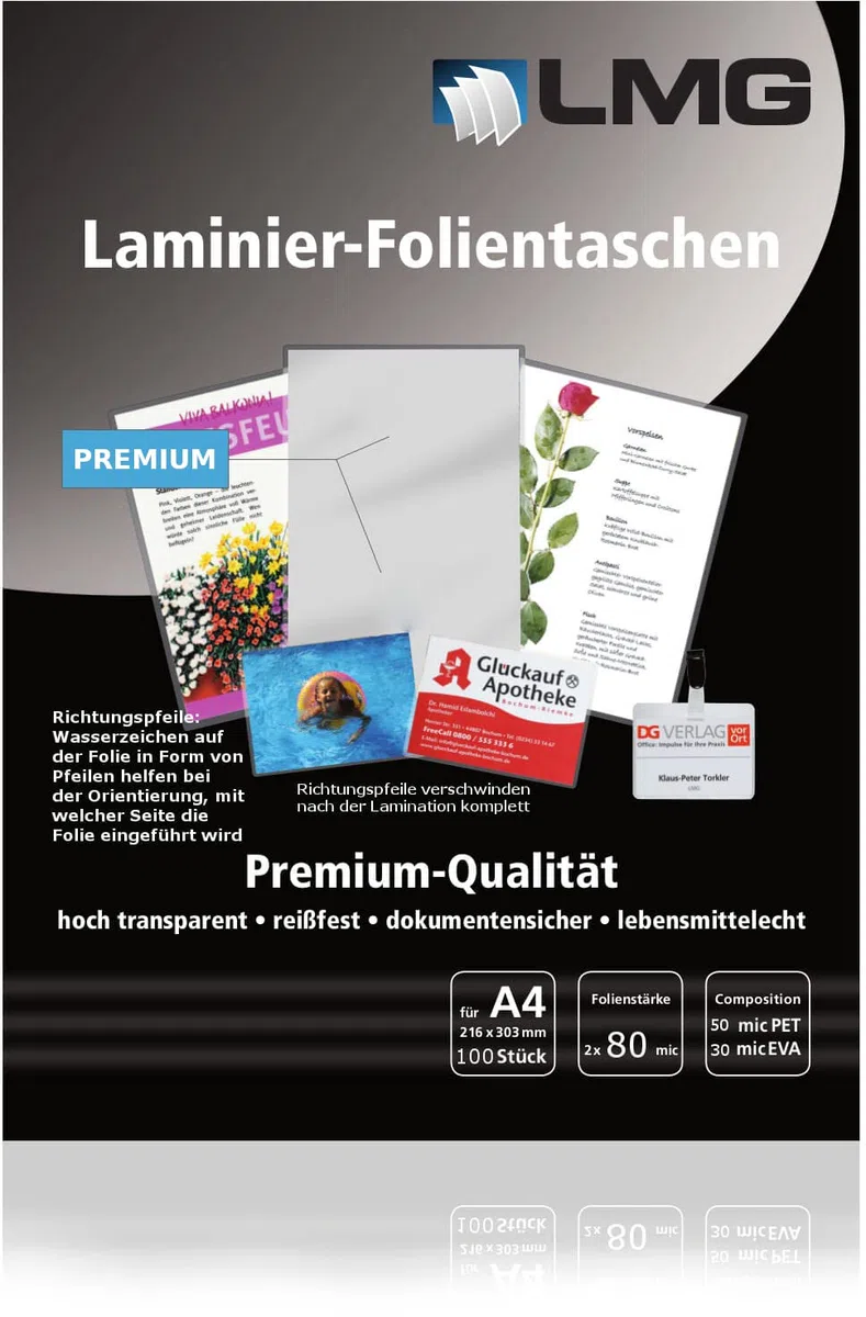LMG LMGA4-80 Laminierfolien A4, 216 x 303 mm, 2 x 80 mic, 100 Stück