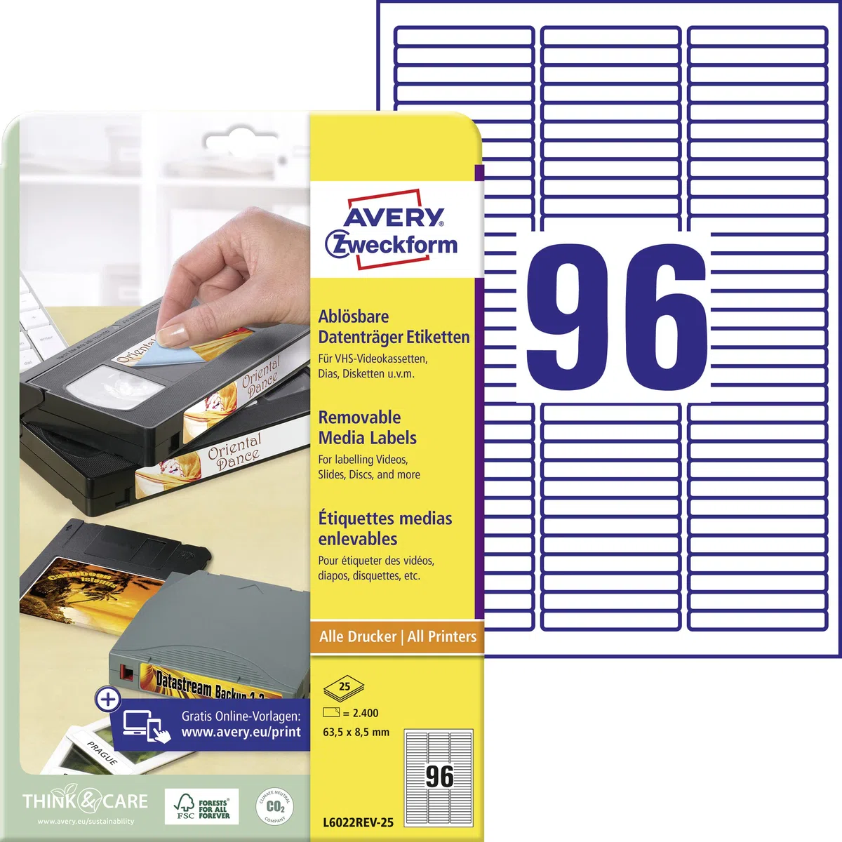 AVERY Zweckform L6022REV-25 Etiketten für Data Cartridges (2.400 Aufkleber, 63,5x8,5 mm auf A4, bedruckbar, selbstklebend, wiederablösbar, für Data Cartridges, HI8 und Travan) 25 Blatt, weiß