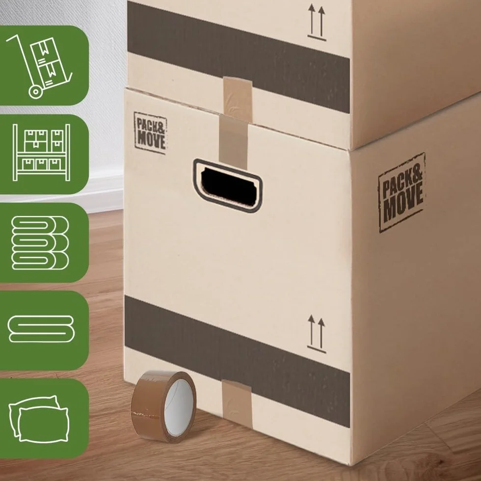 Pack and Move – Packung mit 40 XL-Aufbewahrungs-Umzugskartons – 80 x 40 x 40 cm – verstärkte Griffe – 2 gratis Kleber