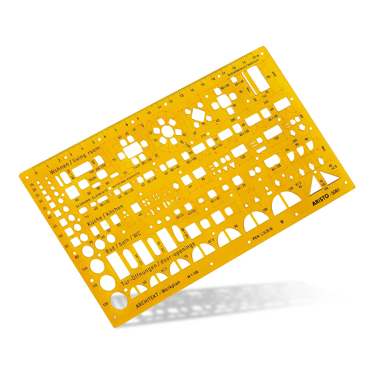 Aristo AR5061 Architektur Kombi Schablone 2 (1:100, Symbole für Grundrissdarstellung, Tuschenoppen, formstabiler PET-Kunststoff) orange-transparent