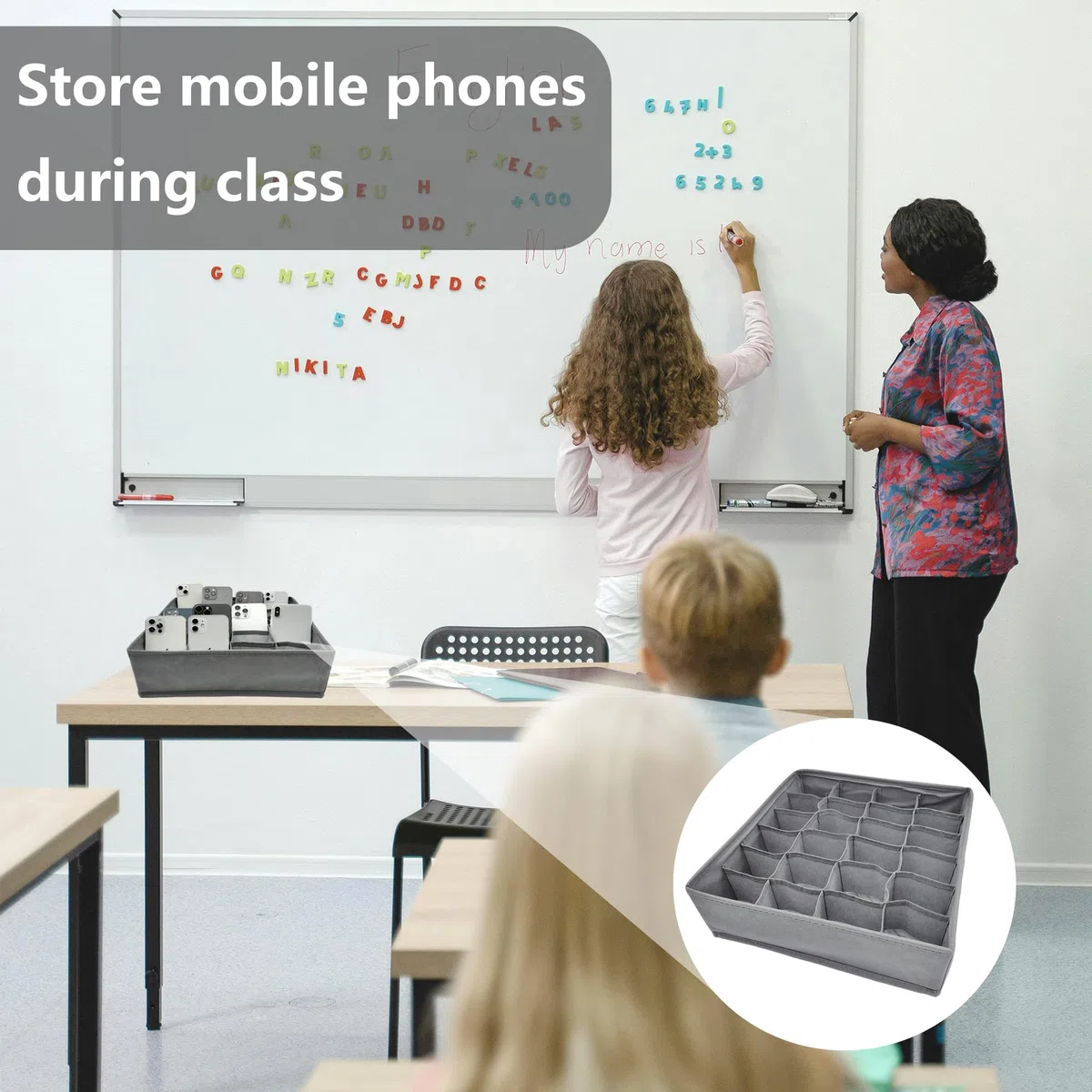 Handy Aufbewahrungsbox Desktop Multifunktionale Handygarage Organizer Telefonbox Storage Kasten Smartphone-Ablagebox Schulungen Klassenzimmer Büro Seminare Konferenzen (grau, 24 Grids)