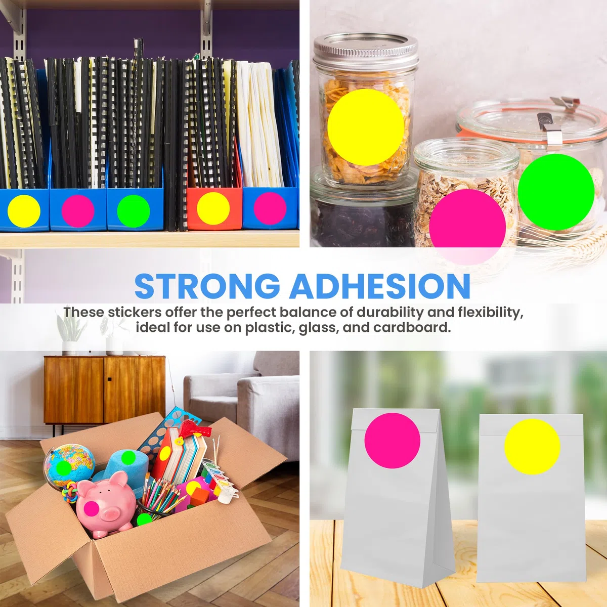 Perco 7,6 cm runde runde Punkte-Aufkleber-Etiketten mit permanentem Klebstoff, Multi-Rollen-Packung, 500 Etiketten/Rolle, enthält je 1 Rolle in fluoreszierenden Farben (grün, gelb, rosa), starke
