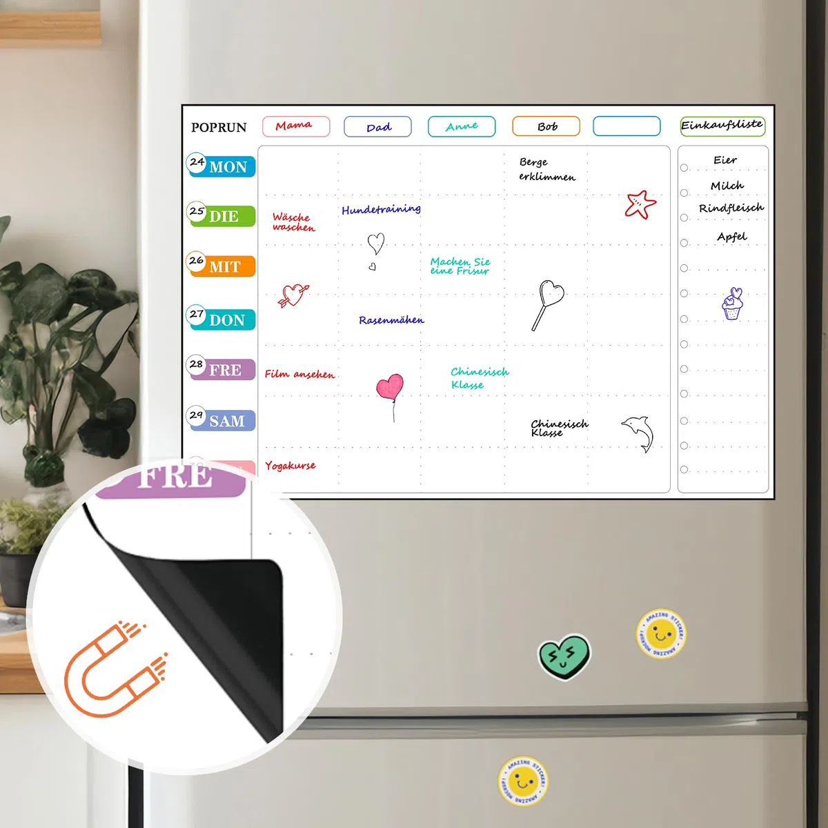 POPRUN Whiteboard Magnetisch 43 x 28 cm, Wochenplaner Abwischbar für Kühlschrank, Magnettafel als Haushaltsplaner, Essenplaner und Putzplaner für die Familie