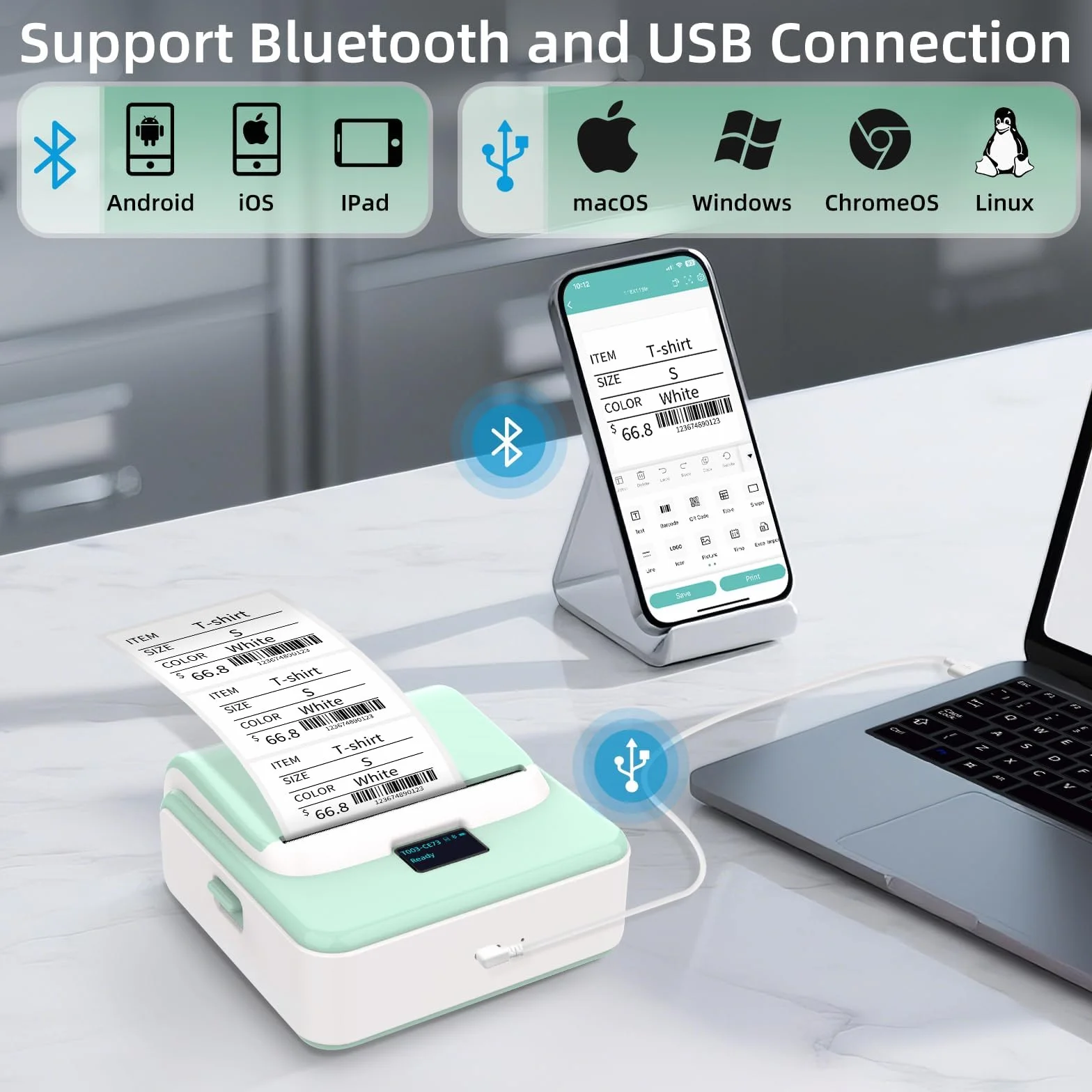 ORGSTA T003 etikettendrucker selbstklebend etikettiergerät Bluetooth & USB 2200 mAh etikettiermaschinen 50 mm/s beschriftungsgerät ettikettiergeraet Label Printer Sticker Maker