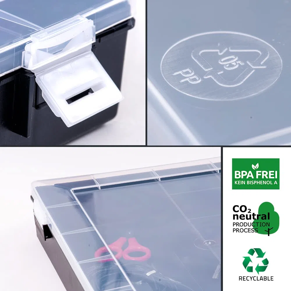 hünersdorff Sortimentskasten: stabile Sortierbox (PP-Classic) mit fester Fachaufteilung (8 Fächer), Sortierkasten-Maße: T225 x B335 x H55 mm, Made in Germany, 611710, Schwarz (Packung mit 2)