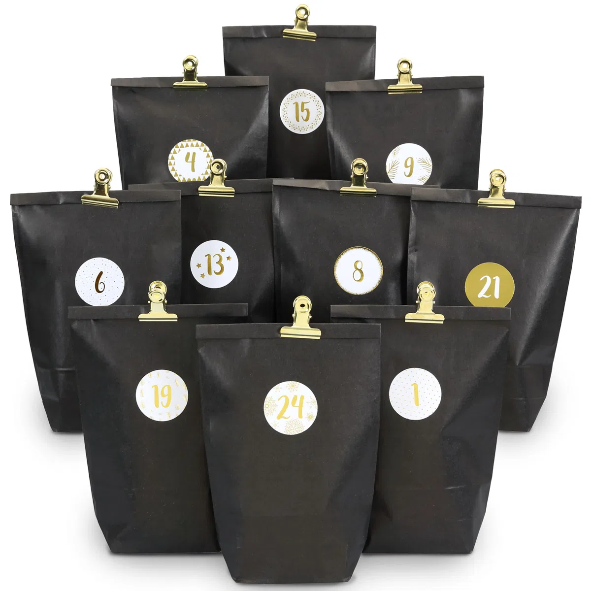 Papierdrachen Adventskalender 2025 zum Befüllen - 24 schwarze Geschenktüten mit Zahlenaufklebern & Metall-Klammern - DIY - zum Basteln - Weihnachten