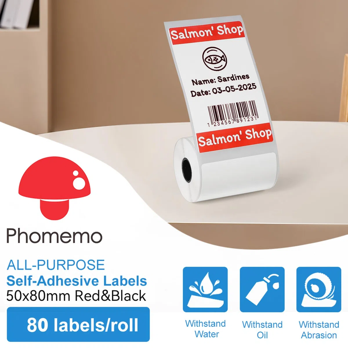 Phomemo Etiketten 50x80mm Schwarz/Rot Druck Selbstklebende Thermodirekt Etiketten Papier für Phomemo M420 M421 Etikettendrucker