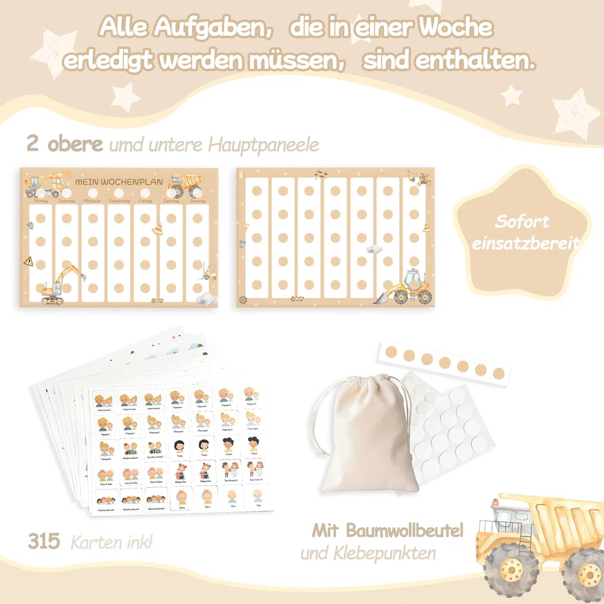 Wochenplan für Kinder mit 315 Routinekarten und Aufbewahrungsbeutel – visueller Tagesplan für Morgen- und Abendroutinen, kindgerecht und übersichtlich (Wochenplan, Bagger)
