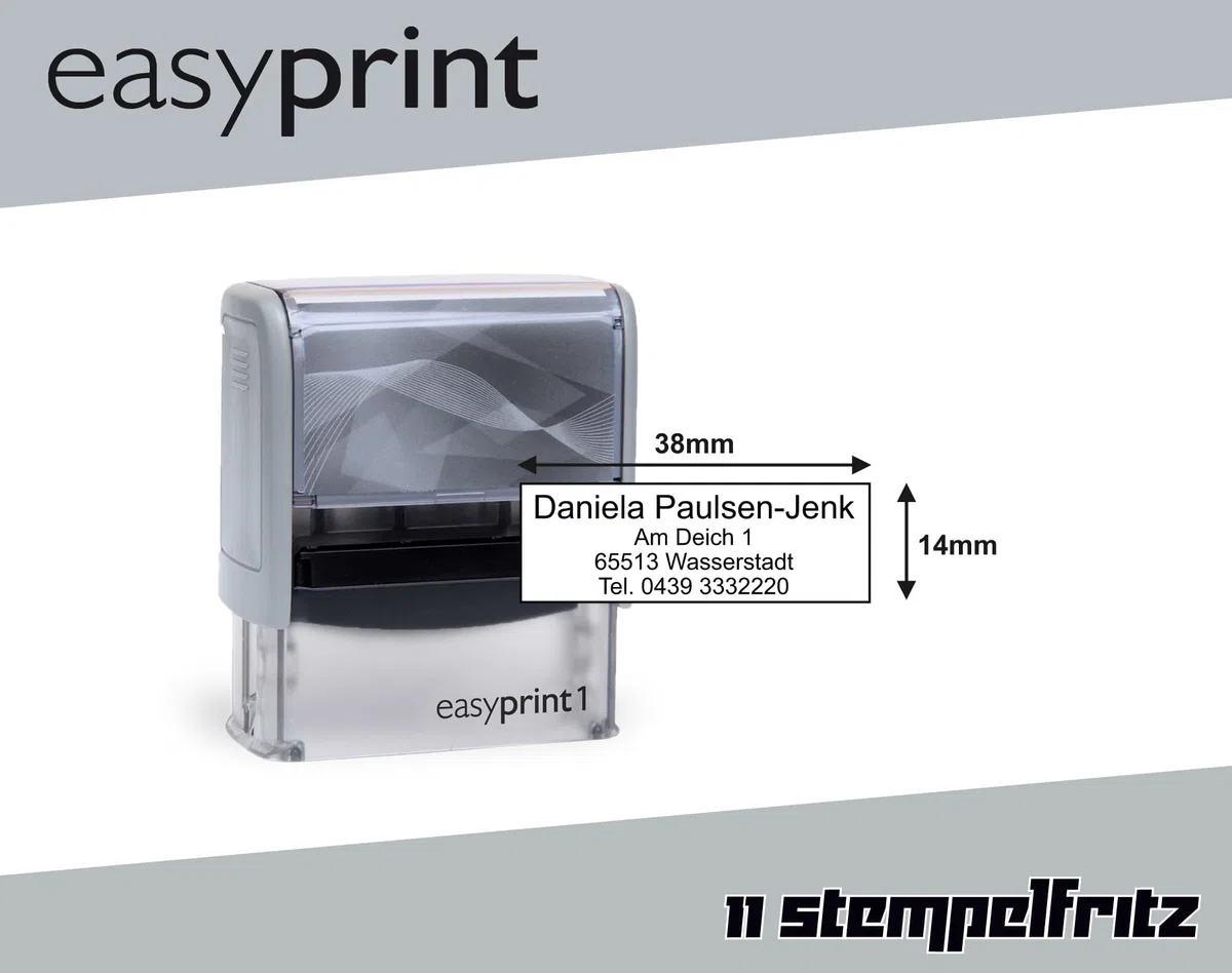 Selbstfärbender Stempel easyprint 1 grau – personalisierbarer Firmenstempel, Namensstempel, Adressstempel oder sonstiger Textstempel – Abdruck ca. 38x14 mm mit bis zu 4 Zeilen