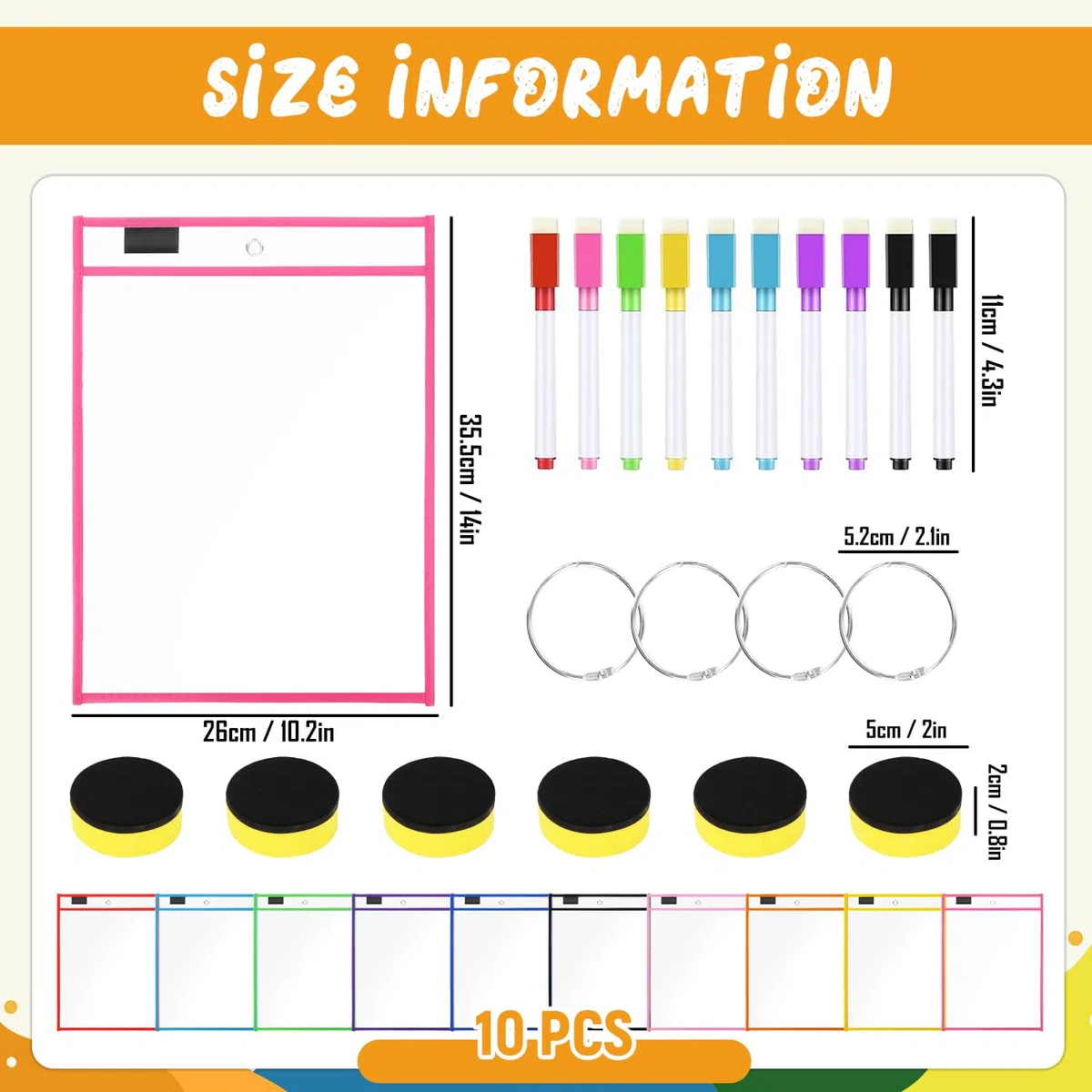 Dry Erase Taschen Set Enthalten 10 Stück Wiederverwendbare Trocken Abwischbare Durchsichtige Tasche, 10 Löschbare Stifte, 6 Radiergummi und 4 Metallösen für Büro und Schule
