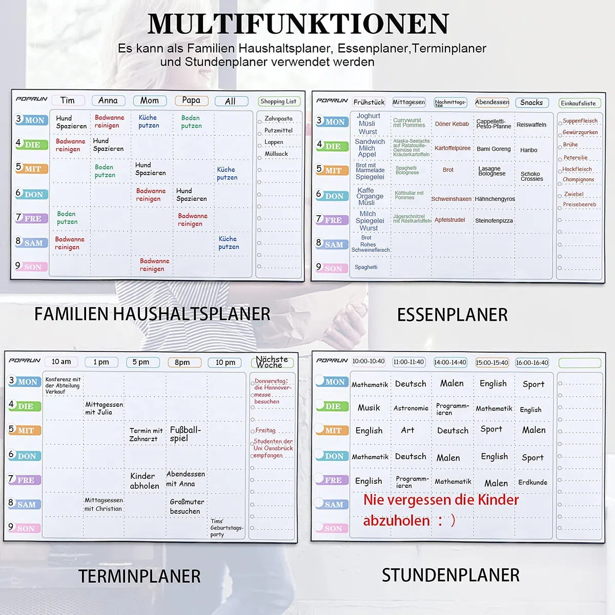 POPRUN Whiteboard Magnetisch 43 x 28 cm, Wochenplaner Abwischbar für Kühlschrank, Magnettafel als Haushaltsplaner, Essenplaner und Putzplaner für die Familie