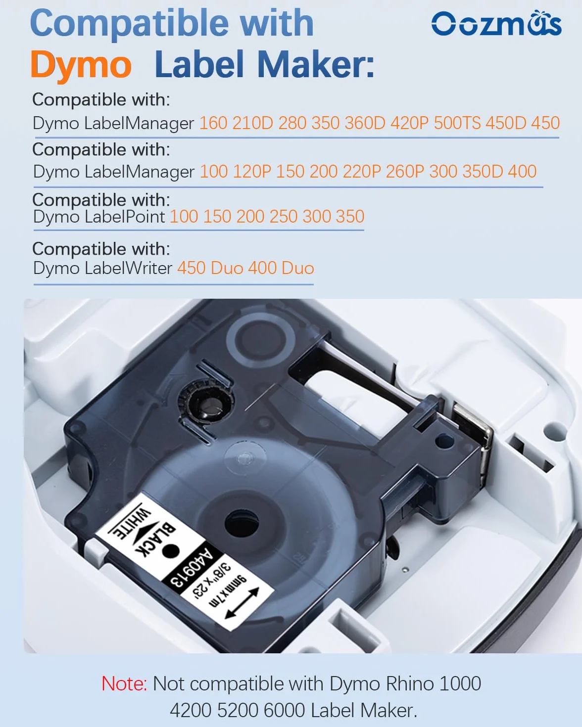 5x Oozmas Kompatibel mit Dymo Etikettenband D1 9mm x 7m Weiß Beschriftungsband als Ersatz für Dymo 40913 s0720680, Kompatibel mit LabelManager 160 210D 260P 280 360D 420P Beschriftungsgerät