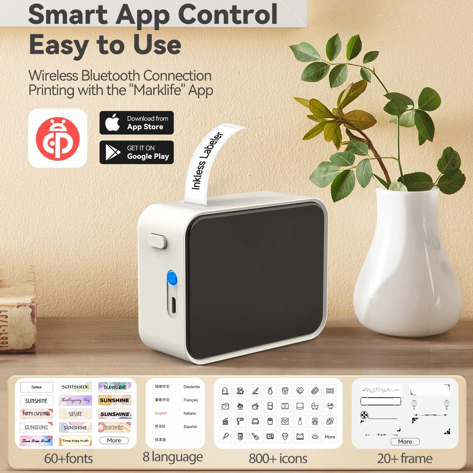 Pristar P15 Etikettiergerät Bluetooth Beschriftungsgerät Selbstklebend Wiederaufladbar Etikettendrucker, Labeldrucker für iOS&Android, Geeignet für Zuhause Schule Büro, Weiß