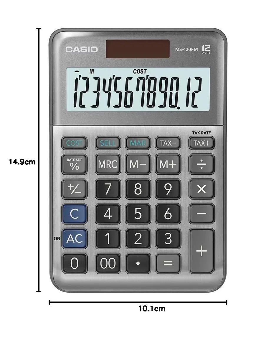 Casio Tischrechner MS-120FM, 12-stellig, Steuerberechnung, Cost/Sell/Margin, Aluminiumfront, Vorzeichenwechsel, Solar/Batteriebetrieb
