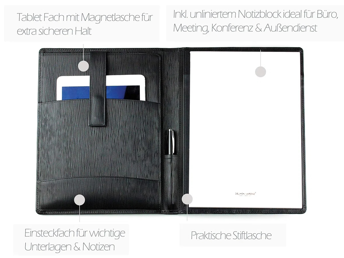 DELMON VARONE - Personalisierbare Tablet Schreibmappe DIN A4 aus Premium Manhattan Leder schwarz, Organizer Konferenzmappe mit Notizblock, Stifthalterung und Magnetlasche, Echtleder Geschäftsmappe