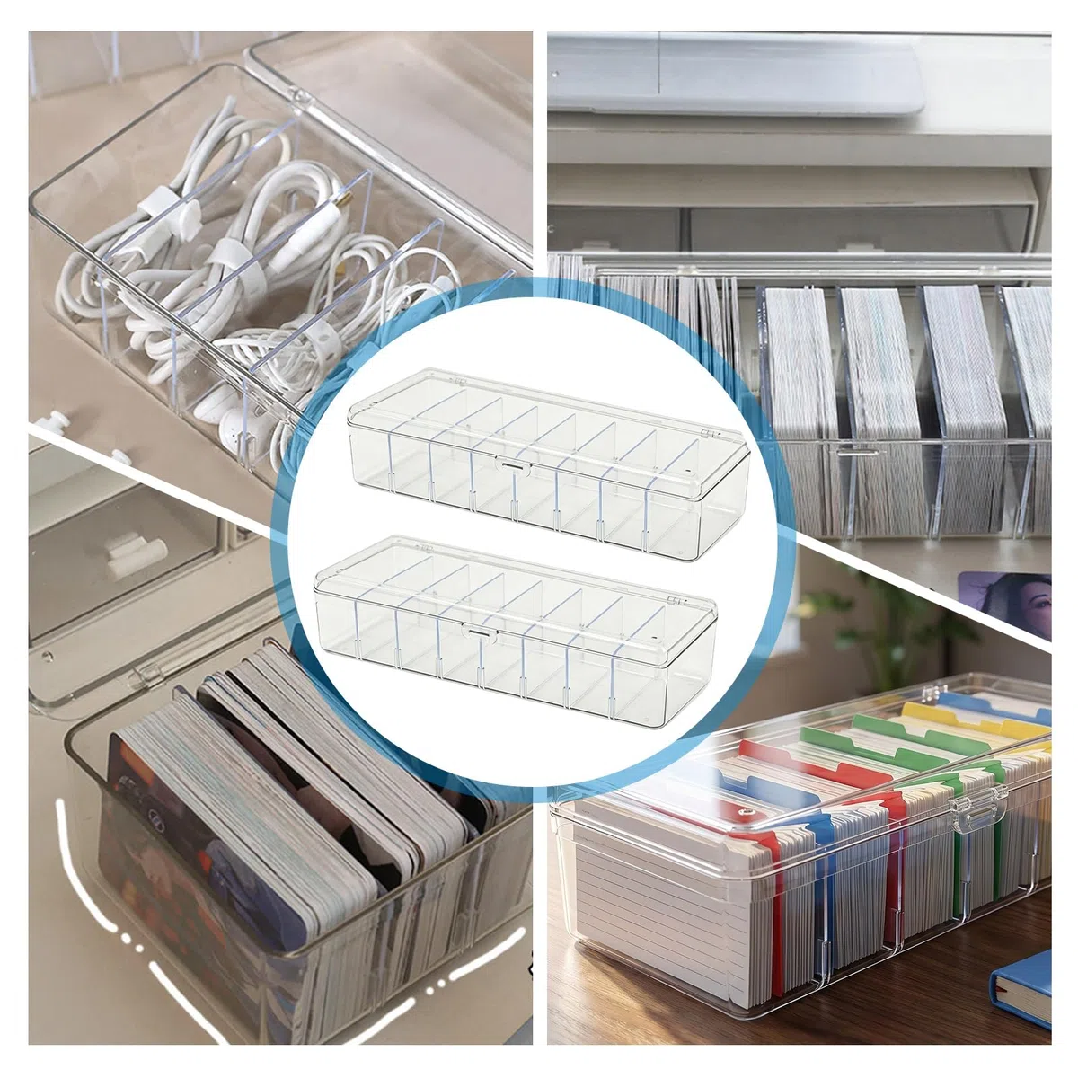 2 Stück Karteikasten mit Abnehmbaren Trennbretter: 26.5 x 9.8 x 7.5 cm Transparente Karteikartenbox mit Deckel, Karteikartenbox für zu 700 Karten Lernkarten Visitenkarten