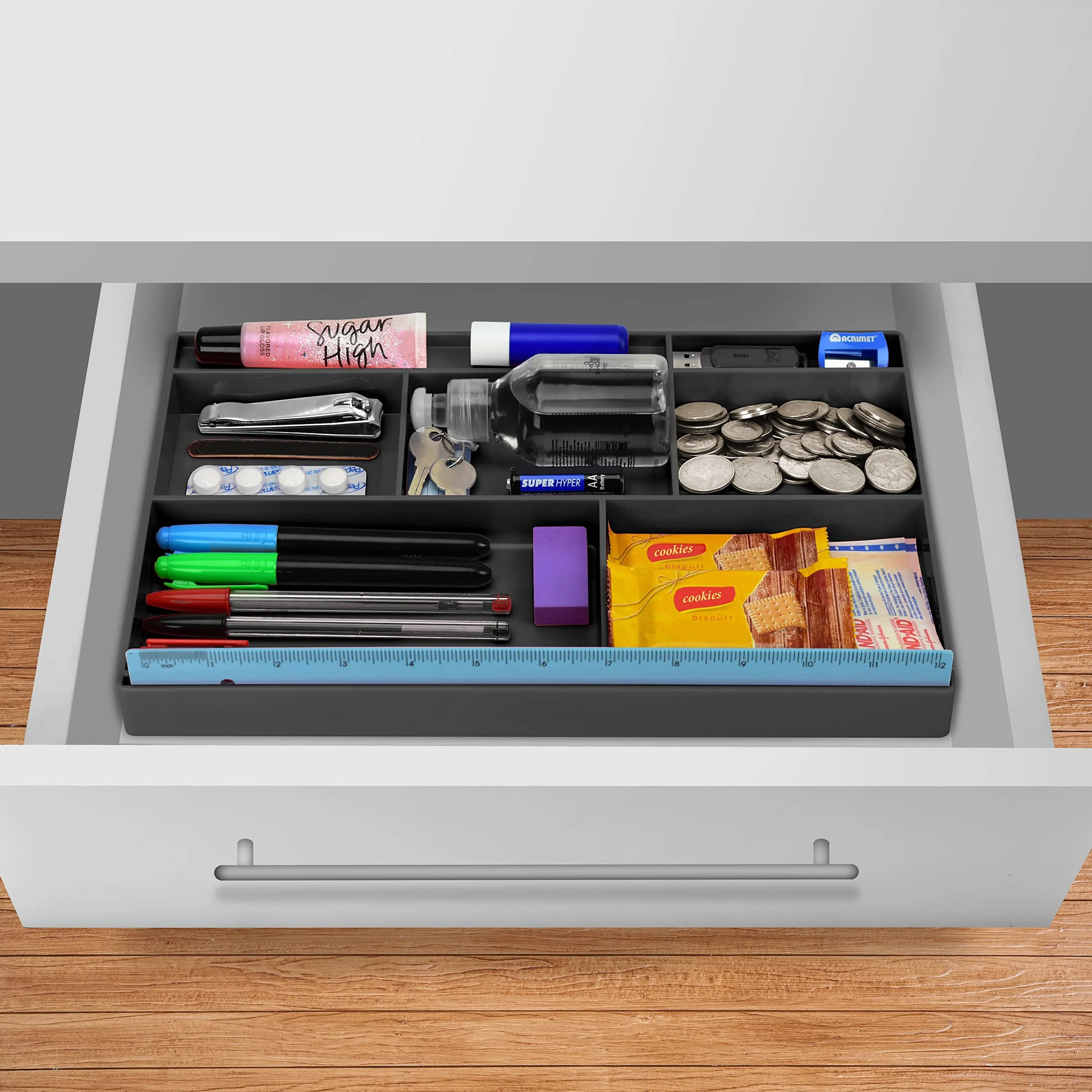 Acrimet Schubladen-Organizer mit 8 Fächern – Vielzweckbox für Bürobedarf, Make-up und Zubehör – Passend für Schubladen oder Tischoberflächen, 32,4 x 20,3 x 2,7 cm (Kunststoff) (Schwarz) | 30,5 cm langes Lineal, spezielle Trennwand für Stifte, Bleistifte,