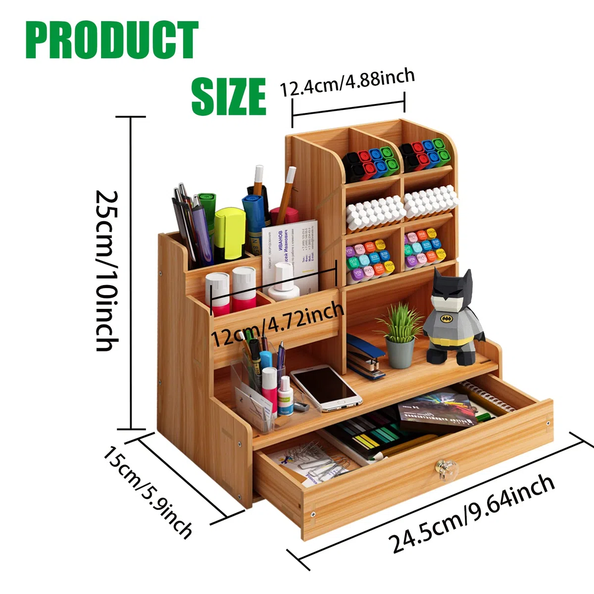 Schreibtisch Organizer aus Holz,Stiftehalter Schreibtisch mit Schublade,Multifunktionaler Büro Organizer,für Stifte Büro Zuhause Schule. (B17-Braun)