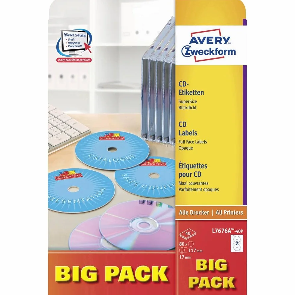 AVERY Zweckform L7676A-40P selbstklebende CD-Etiketten (80 blickdichte CD-Aufkleber, Ø 117mm auf A4, SuperSize, Papier matt, bedruckbare Klebeetiketten für alle A4-Drucker) 40 Blatt, weiß