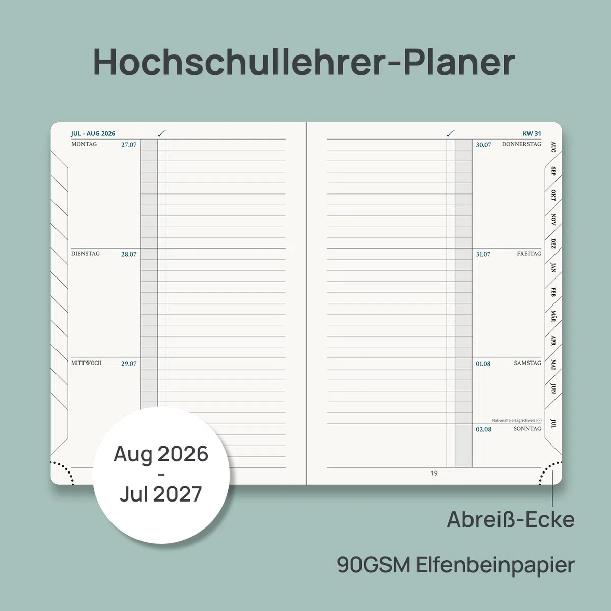 POPRUN Lehrerkalender 2026 2027 A5 auf Deutsch - Lehrerplaner 26/27 für die Vorbereitung mit Monatliches Register. Schulplaner mit PU-Leder Softcover für Lehrerinnen und Lehrer (Pazifikgrün)