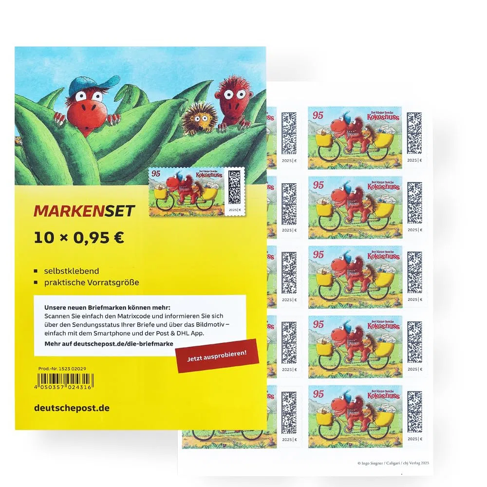10 Stück 0,95 EUR 95 Cent postfrische selbstklebende Briefmarken | Frankaturware Markenset (Motiv: Der kleine Drache Kokosnuss)