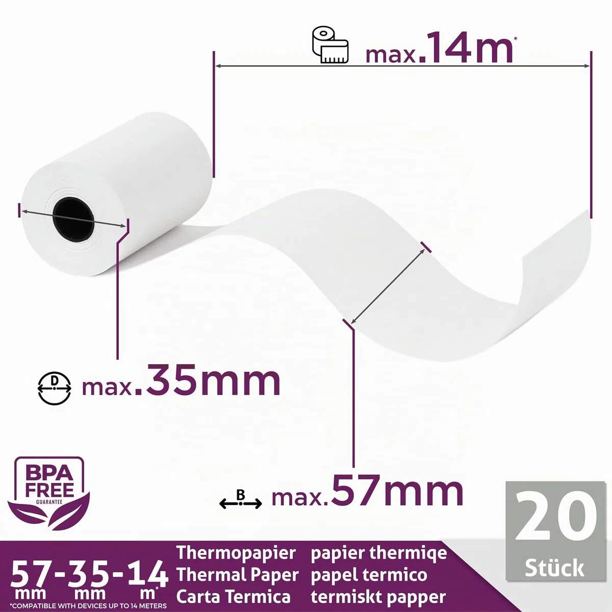 Ec-Cash Thermorollen 57mm x 14m x 12mm - Kassenrollen - Thermopapier - Bonrollen für Bankomat - Kredit-Kartenlesegeräte (57x35x12) (20 Rollen)