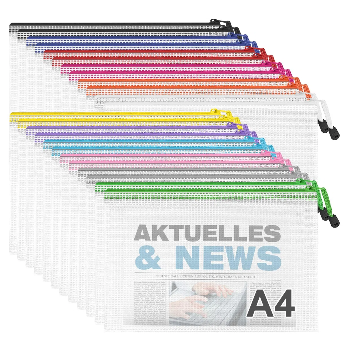 Newthinking Dokumententasche A4 mit Reißverschluss, wasserdicht, 24 Stück | Dokumententaschen mit Reißverschluss. Mesh-Aktenordner mit Schloss, für Schule, Büro, Reise und Aufbewahrung, 12 Farben