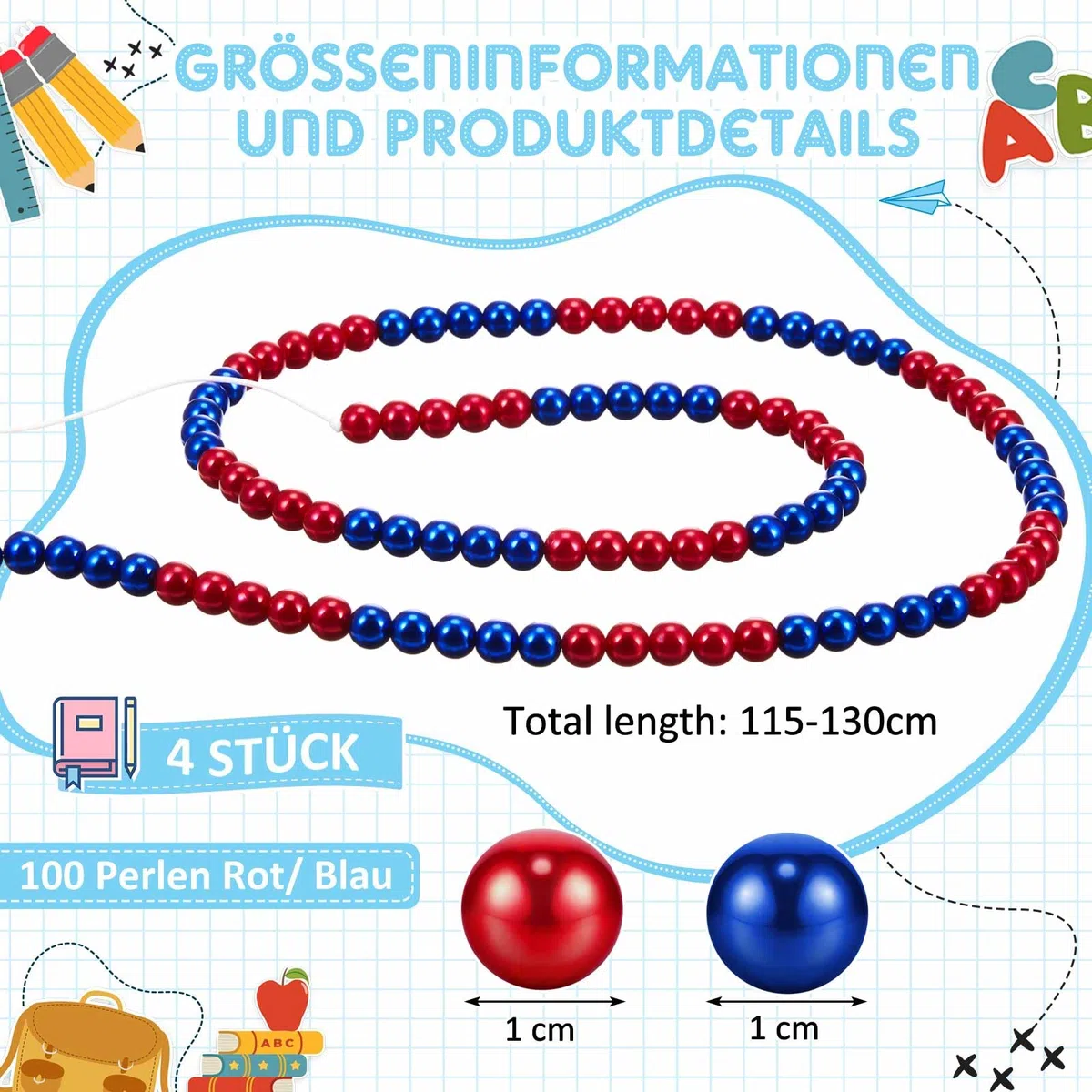 Geosar 4 Rechenkette für Grundschule Schulanfang 100 Perlen Pro Streifen Rechenkette zum Zählen Rote und Blaue Grundschüler Rechenperlen Mathematik Lehrmittel für Rechnen Lernen Klasse Erster Schultag