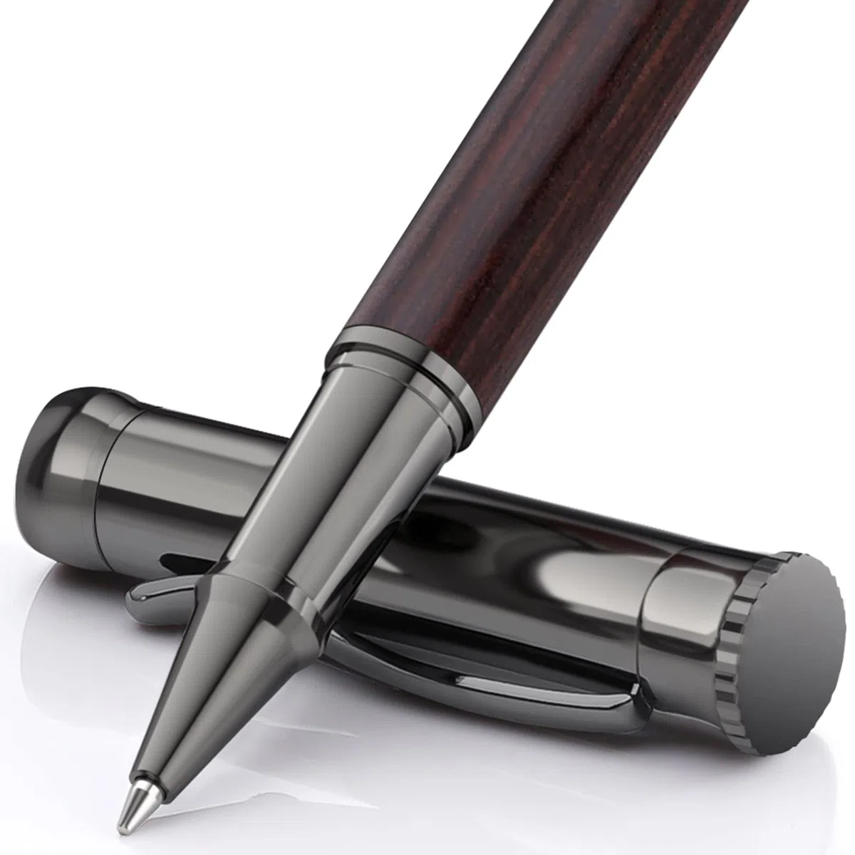 WEMATE Holz Tintenroller Set, inkl. 2 Ersatzminen - Schwarz & Blau, Rollerball für Linkshänder und Rechtshänder, Luxus Bürogeschenk, Eleganter Stift für Profis und Führungskräfte - Black Oak