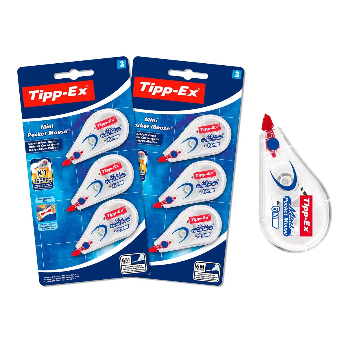Tipp-Ex Korrekturroller Mini Pocket Mouse, Korrekturmaus, 6 m x 5 mm, 2x3er Pack, Ideal für das Büro, das Home Office oder die Schule, Single