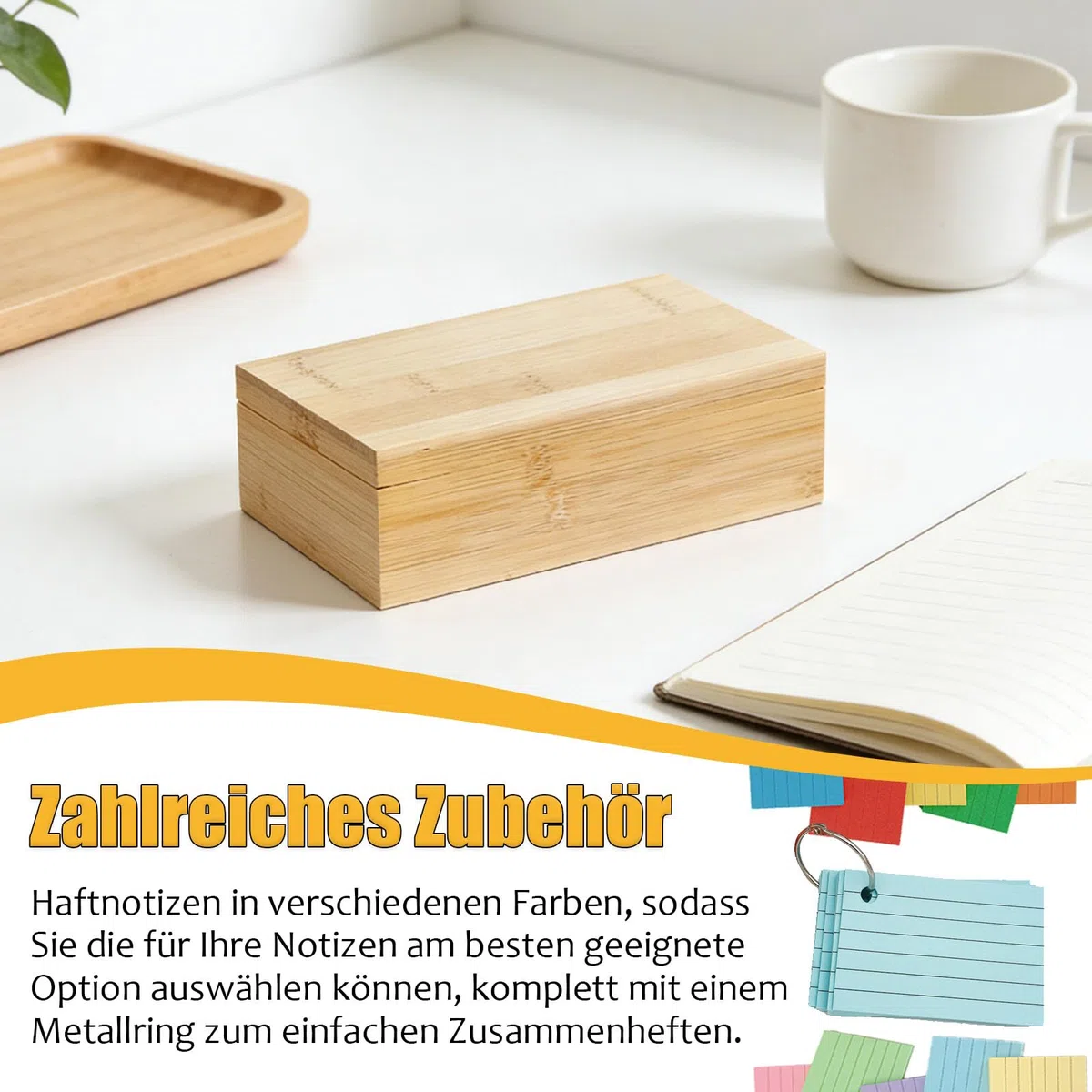A8 Karteikarten Box Holz, 22,4 x 10 x 7,5 cm Aarteikarten Box mit Klappdeckel, Verstellbar Karteikartenbox mit 500 Bunten Haftnotizen und 10 Binderinge, für Verwendung auf Schreibtischen