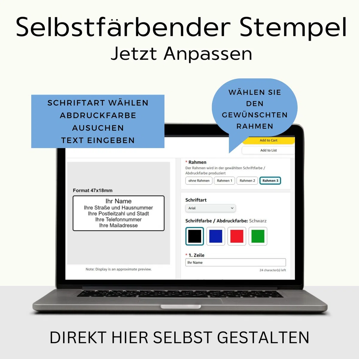 Selbstfärbender Stempel stempelfritz Gr.2 direkt hier Erstellen – personalisierter Firmenstempel, Adressstempel, Namensstempel oder Familienstempel – Gehäuse Schwarz-Blau, 47x18mm, max. 5 Zeilen