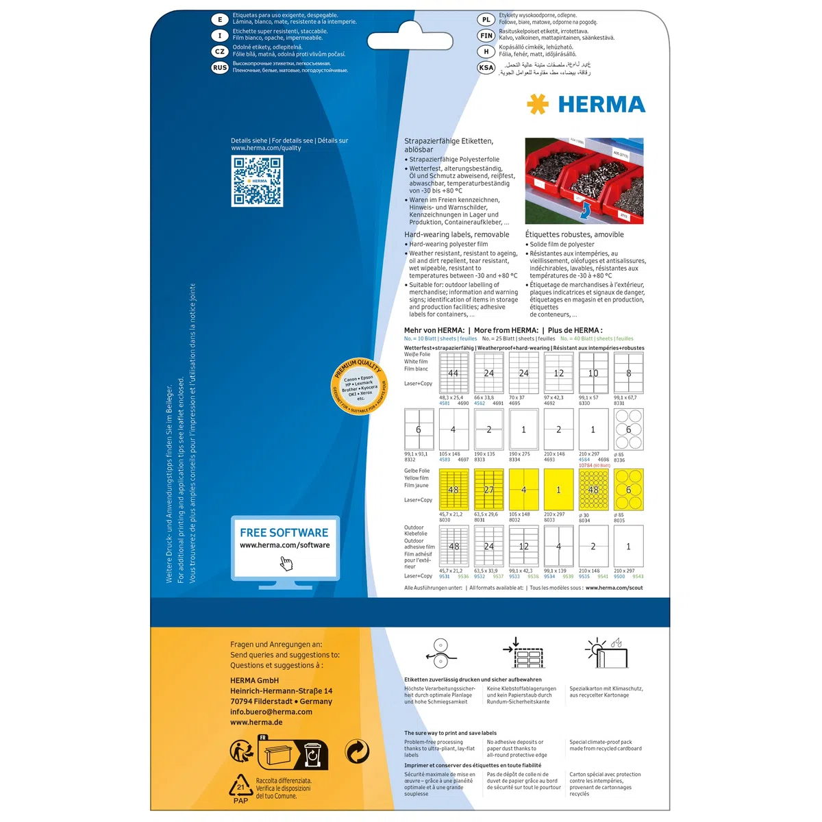 HERMA 4571 Wetterfeste Folienetiketten ablösbar rund, 640 Blatt, Ø 30 mm, 48 pro A4 Bogen, 30720 Stück, selbstklebend, bedruckbar, matt, blanko Klebeetiketten Aufkleber aus Folie, weiß