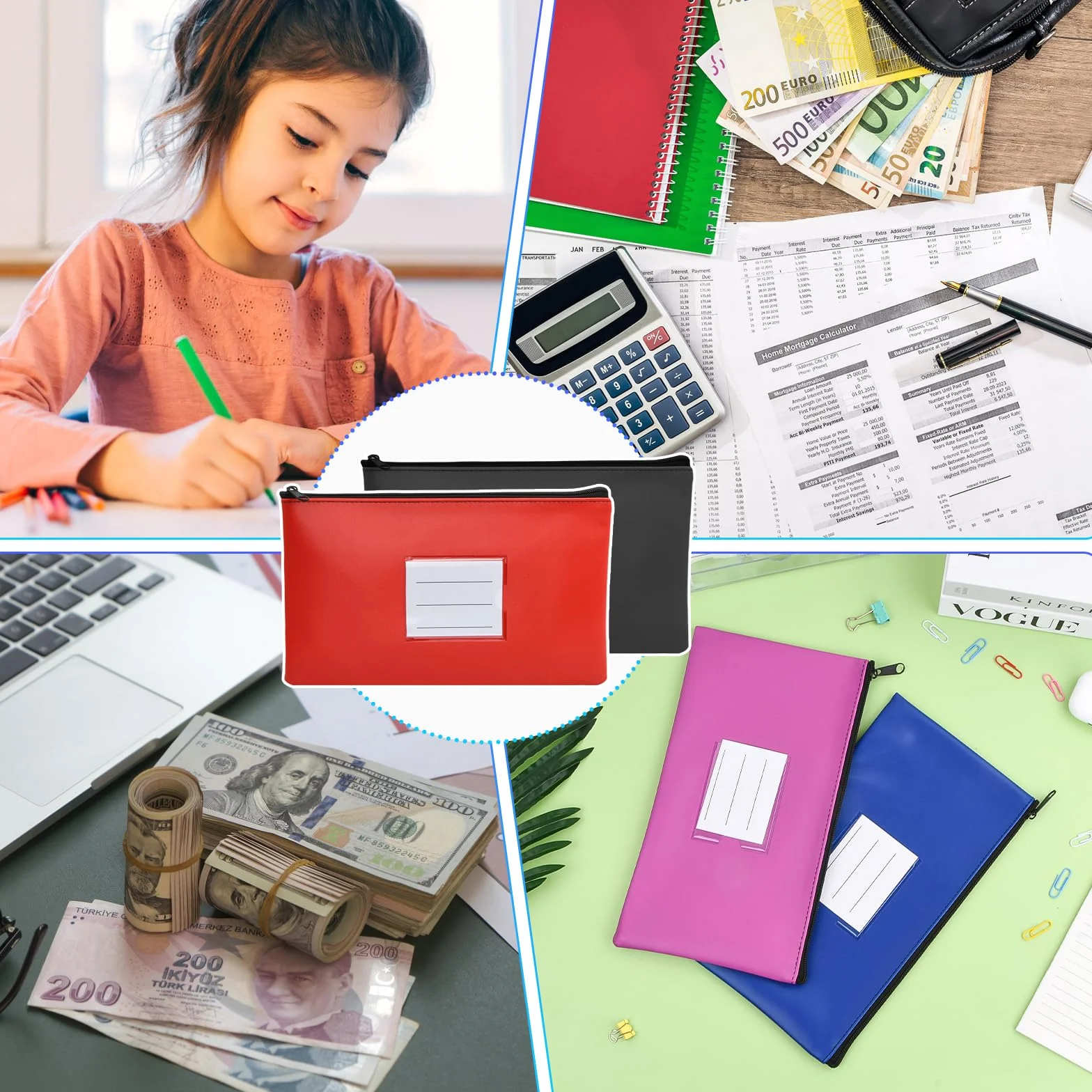 5 Pcs Dokumentenmappe A5, Geldtasche Banktasche Leder, Geldscheine Aufbewahrung, Geldscheintasche Klein mit Reißverschluss und Fenster, Dokumententasche Wasserdicht, Geldmappe Schule Business (Set B)