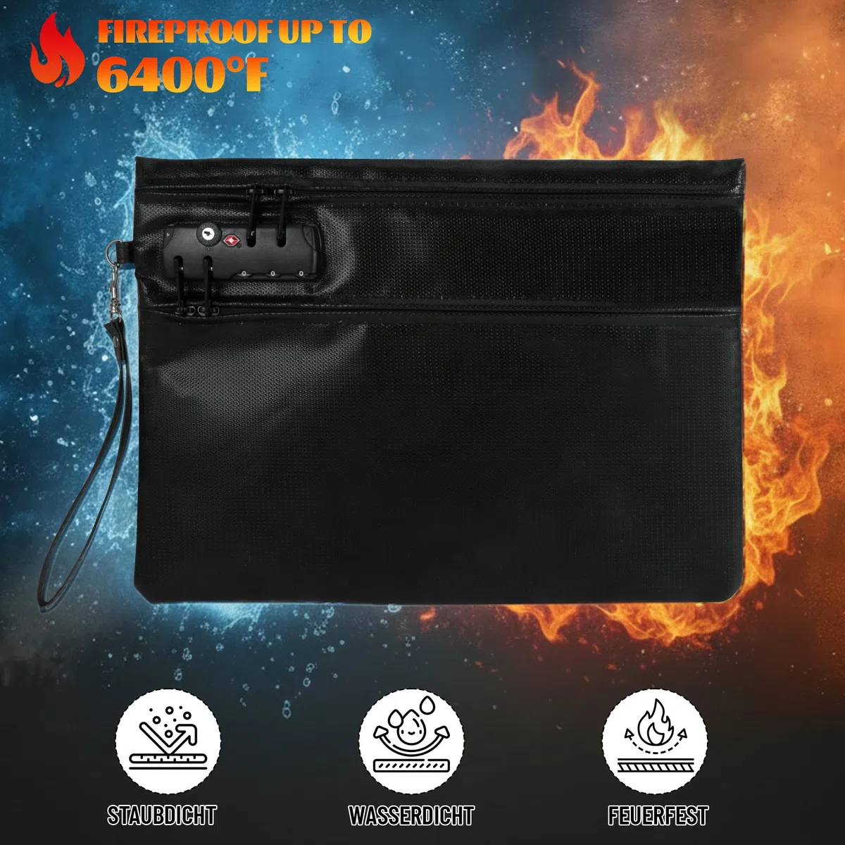 6400℉ Feuerfeste Dokumententasche mit Schloss 36 x 26 cm, 12-lagige Wärmedämmung dokumententasche, Doppeltem Reißverschlussfach für Bargeld Quittung Rechnung Reisepass, Feuer & Wasserabweisen, Schwarz
