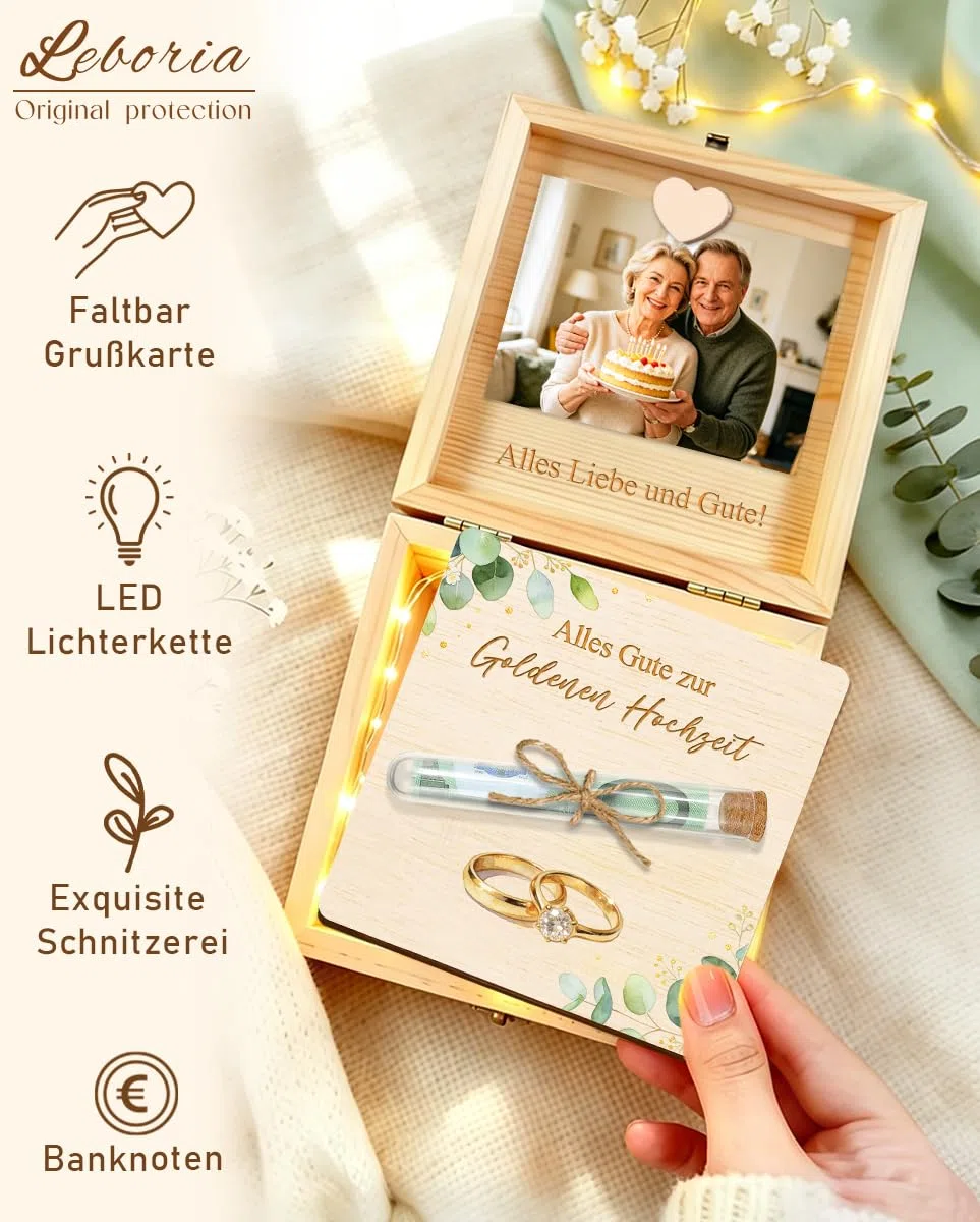 Goldene Hochzeit Geschenke, 50 Jahrestag Geschenk, Geldgeschenke Verpackung Goldene Hochzeit Geschenkbox Holz mit LED Lichterkette, Geschenke Eltern