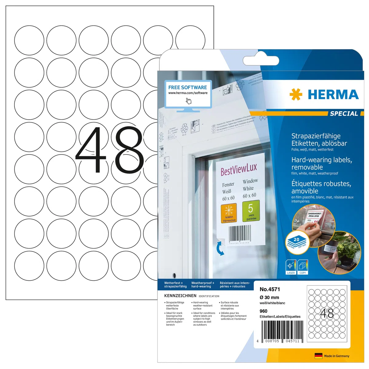 HERMA 4571 Wetterfeste Folienetiketten ablösbar rund, 640 Blatt, Ø 30 mm, 48 pro A4 Bogen, 30720 Stück, selbstklebend, bedruckbar, matt, blanko Klebeetiketten Aufkleber aus Folie, weiß