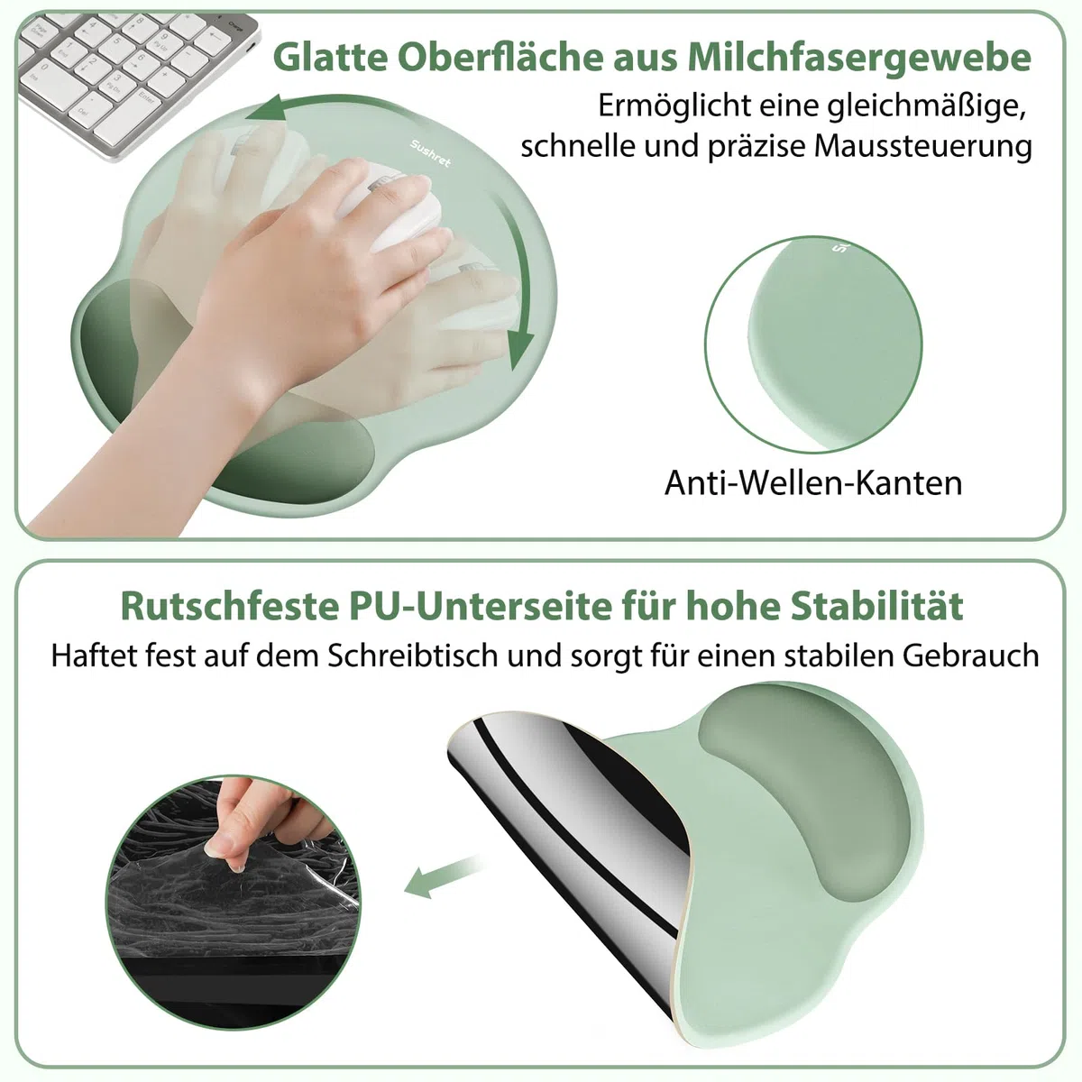 Sushret Mauspad & Tastatur Handballenauflage, 3-in-1 Ergonomisches Gel Memory Foam Handballenauflage mit Handgelenkstütze, Gaming Mauspad Armauflage für Computer Büro Schreibtisch Zubehör, Grün